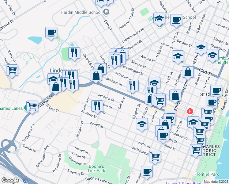 map of restaurants, bars, coffee shops, grocery stores, and more near 1030 1st Capitol Drive in Saint Charles