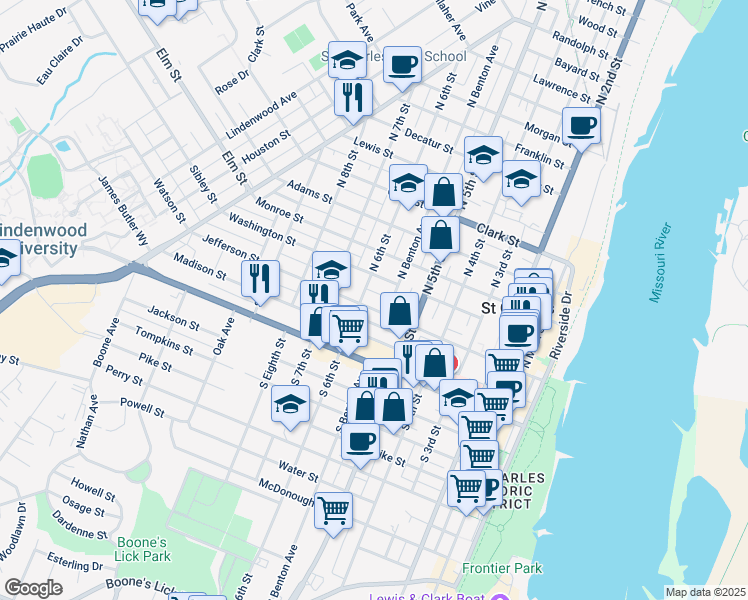 map of restaurants, bars, coffee shops, grocery stores, and more near 562 Jefferson Street in St. Charles