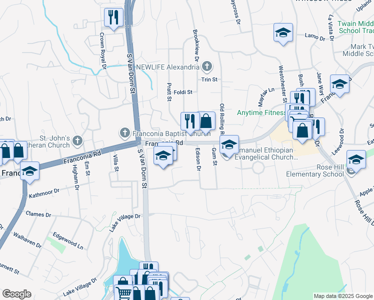 map of restaurants, bars, coffee shops, grocery stores, and more near 5611 Franconia Road in Alexandria