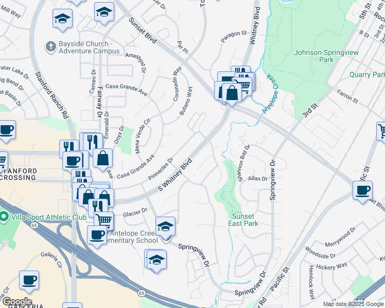 map of restaurants, bars, coffee shops, grocery stores, and more near 2735 South Whitney Boulevard in Rocklin