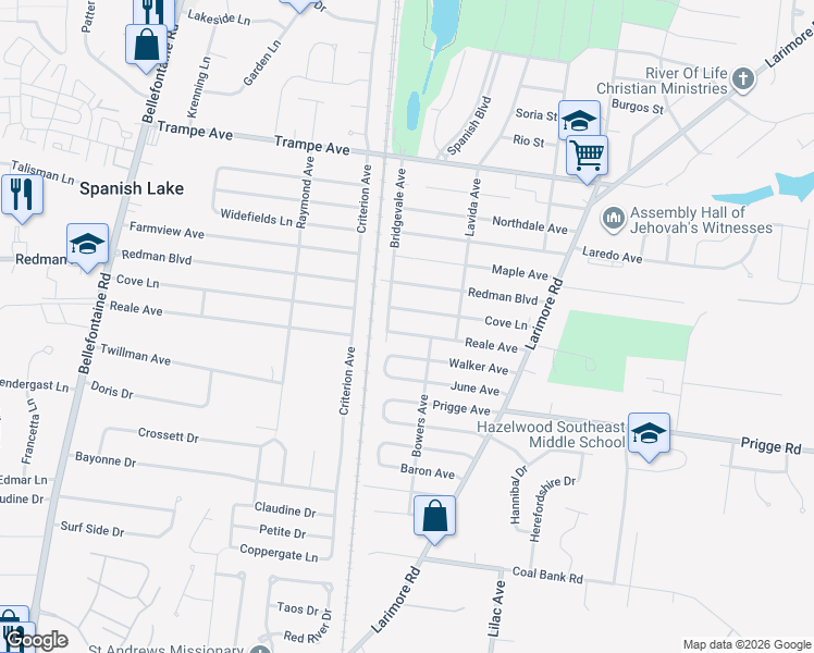 map of restaurants, bars, coffee shops, grocery stores, and more near 1250 Cove Lane in St. Louis