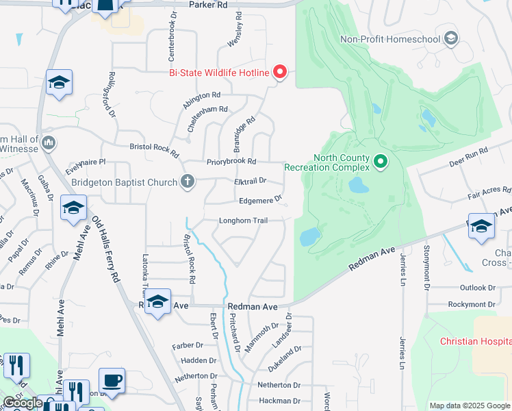 map of restaurants, bars, coffee shops, grocery stores, and more near 5207 Edgemere Drive in Florissant