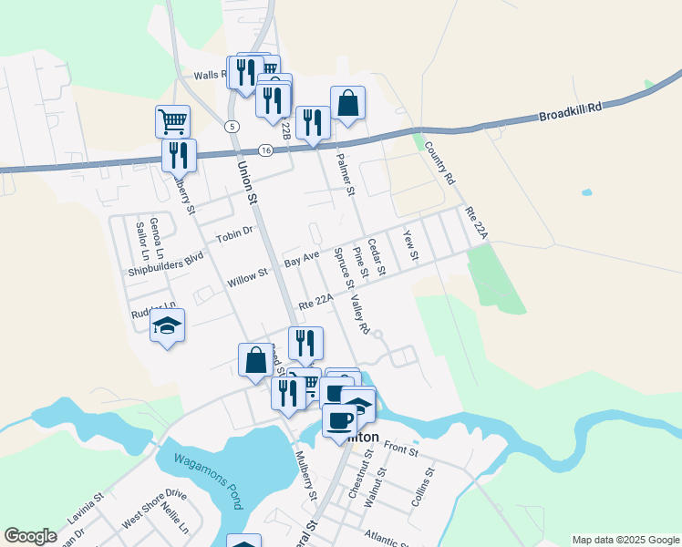 map of restaurants, bars, coffee shops, grocery stores, and more near 411 Spruce Street in Milton