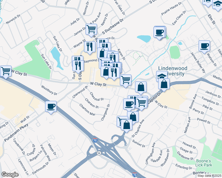 map of restaurants, bars, coffee shops, grocery stores, and more near 2436 West Clay Street in Saint Charles