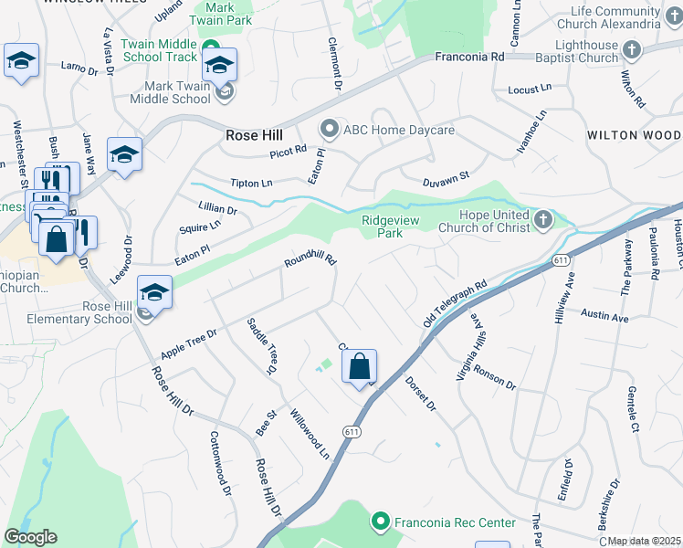 map of restaurants, bars, coffee shops, grocery stores, and more near 4405 Roundhill Road in Alexandria