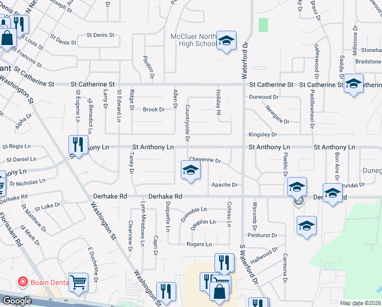 map of restaurants, bars, coffee shops, grocery stores, and more near 960 Saint Anthony Lane in Florissant