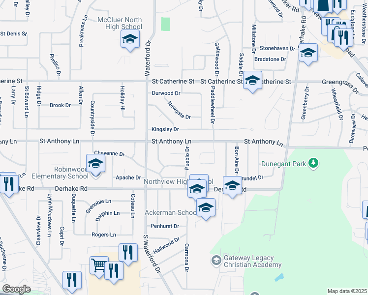 map of restaurants, bars, coffee shops, grocery stores, and more near 265 Pueblo Drive in Florissant