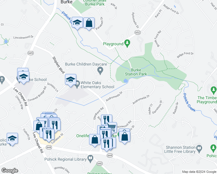 map of restaurants, bars, coffee shops, grocery stores, and more near 6140 Hatches Court in Burke