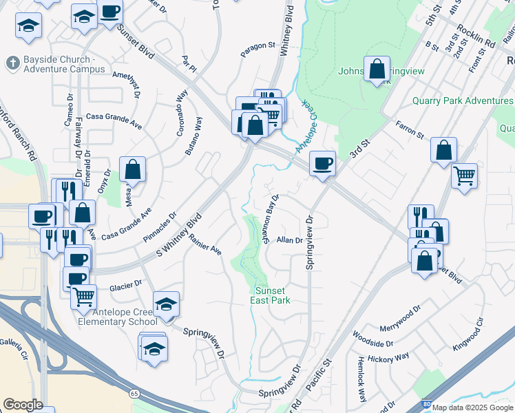 map of restaurants, bars, coffee shops, grocery stores, and more near 5761 Shannon Bay Drive in Rocklin