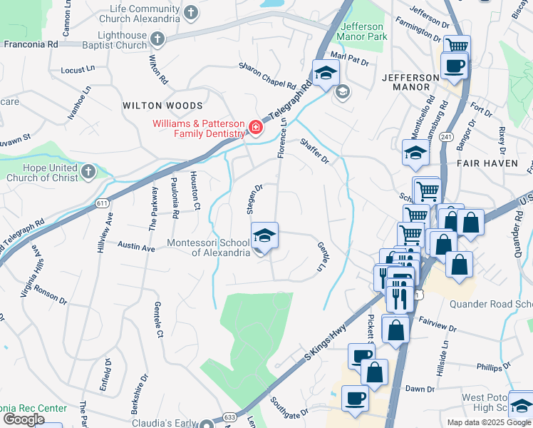 map of restaurants, bars, coffee shops, grocery stores, and more near 6124 Florence Lane in Alexandria