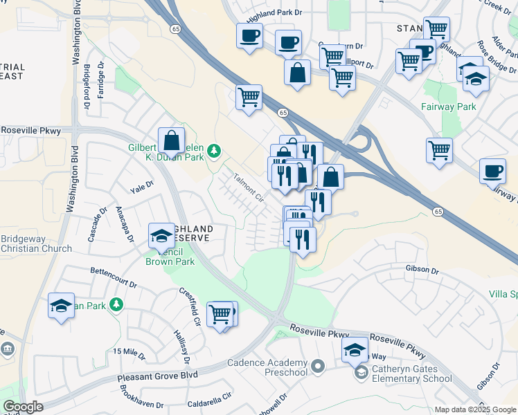map of restaurants, bars, coffee shops, grocery stores, and more near 102 Talmont Circle in Roseville
