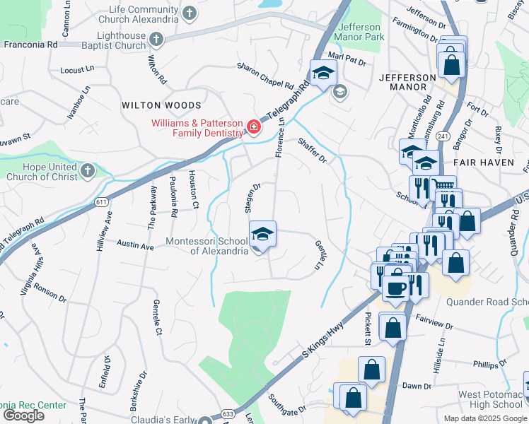 map of restaurants, bars, coffee shops, grocery stores, and more near 6124 Florence Lane in Alexandria