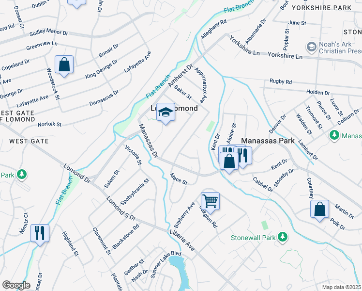 map of restaurants, bars, coffee shops, grocery stores, and more near 117 Baker Street in Manassas Park