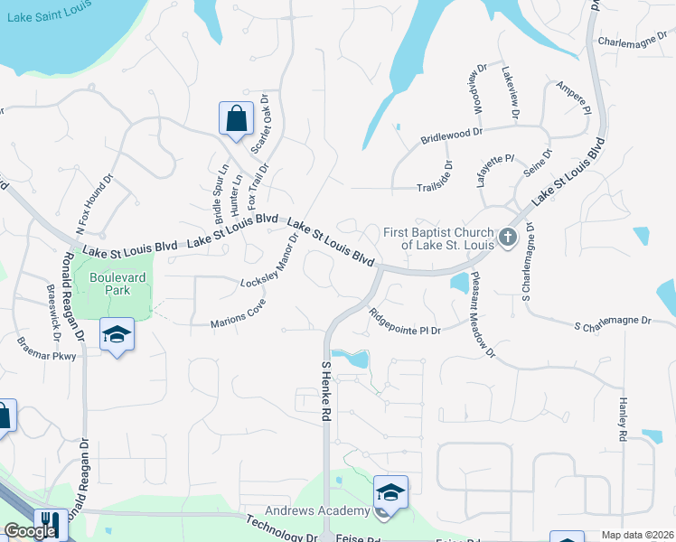 map of restaurants, bars, coffee shops, grocery stores, and more near 964 Ridgepointe Place Circle in Lake Saint Louis