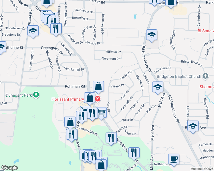 map of restaurants, bars, coffee shops, grocery stores, and more near 12095 Nero Drive in Florissant