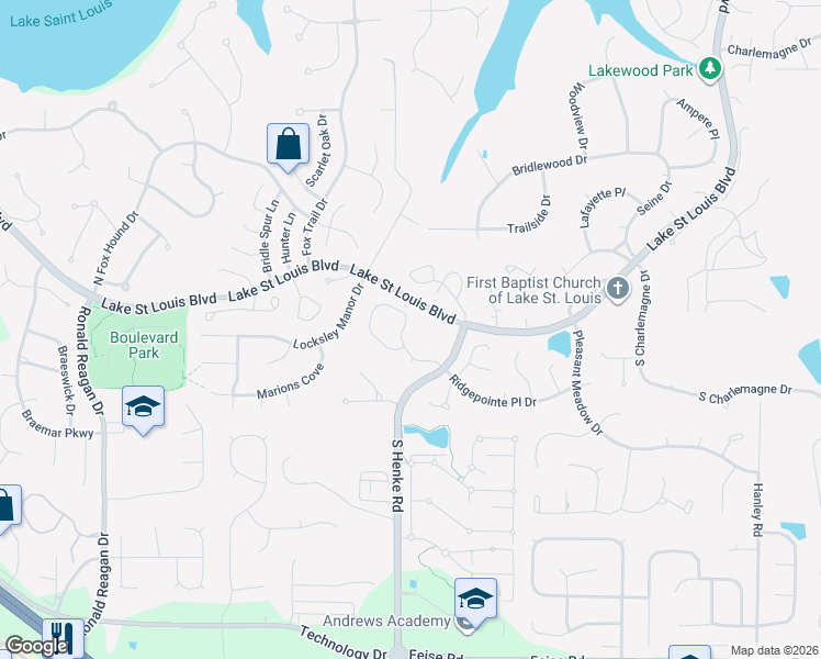 map of restaurants, bars, coffee shops, grocery stores, and more near 964 Ridgepointe Place Circle in Lake Saint Louis