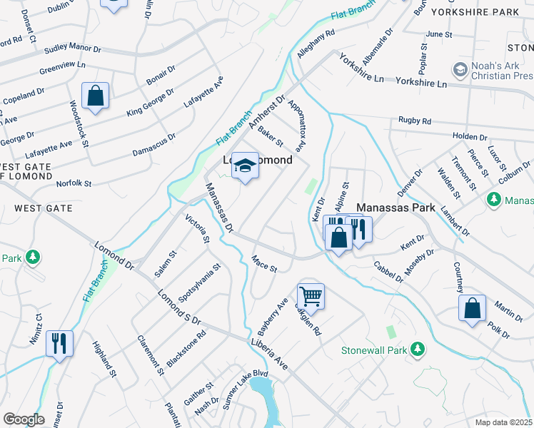 map of restaurants, bars, coffee shops, grocery stores, and more near 117 Baker Street in Manassas Park