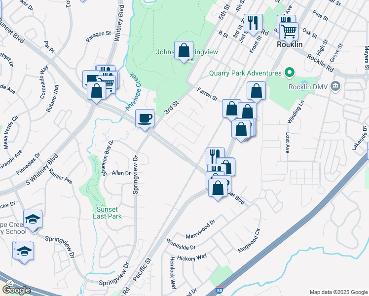 map of restaurants, bars, coffee shops, grocery stores, and more near 3655 Sunset Boulevard in Rocklin