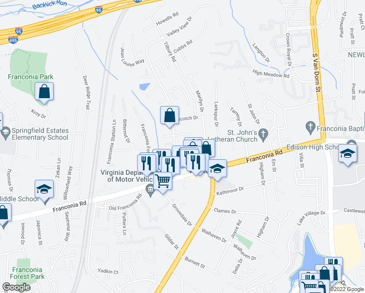 map of restaurants, bars, coffee shops, grocery stores, and more near 6188 Wild Valley Court in Alexandria