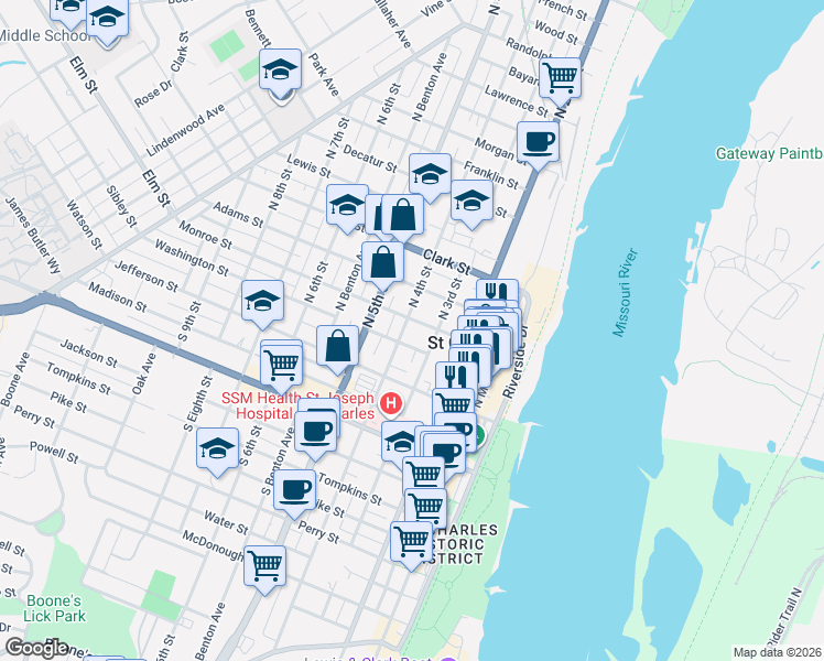 map of restaurants, bars, coffee shops, grocery stores, and more near 223 North 4th Street in Saint Charles