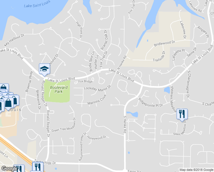 map of restaurants, bars, coffee shops, grocery stores, and more near 928 Locksley Manor Drive in Lake Saint Louis