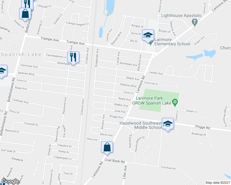 map of restaurants, bars, coffee shops, grocery stores, and more near 1151 Cove Lane in St. Louis