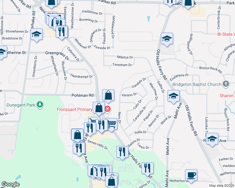 map of restaurants, bars, coffee shops, grocery stores, and more near 12095 Nero Drive in Florissant