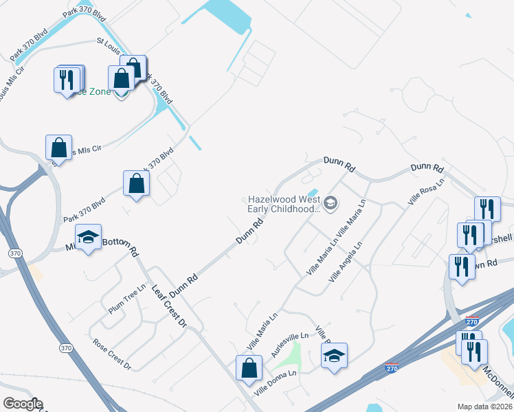 map of restaurants, bars, coffee shops, grocery stores, and more near 5314 Dunn Ridge Court in Hazelwood