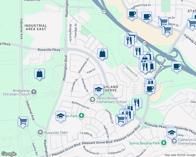 map of restaurants, bars, coffee shops, grocery stores, and more near 453 Brennen Circle in Roseville