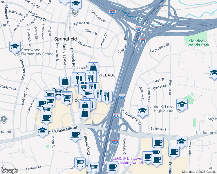 map of restaurants, bars, coffee shops, grocery stores, and more near 6225 Brandon Avenue in Springfield