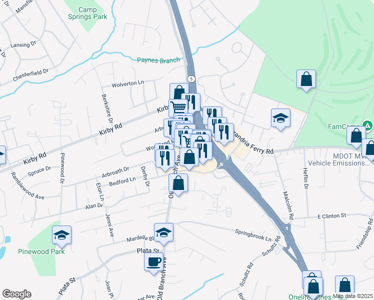 map of restaurants, bars, coffee shops, grocery stores, and more near 7708 Old Branch Avenue in Clinton