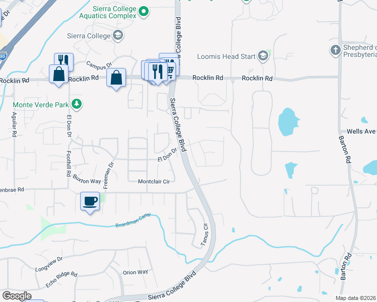 map of restaurants, bars, coffee shops, grocery stores, and more near 5381 Brookfield Circle in Rocklin