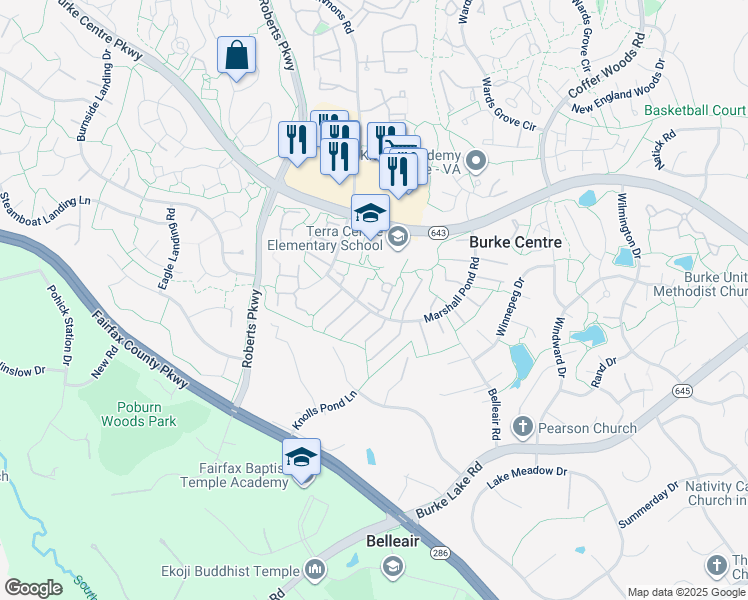 map of restaurants, bars, coffee shops, grocery stores, and more near 6142 Calico Pool Lane in Burke