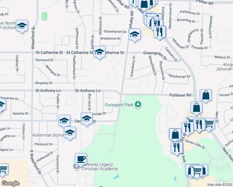 map of restaurants, bars, coffee shops, grocery stores, and more near 2205 Derhake Road in Florissant