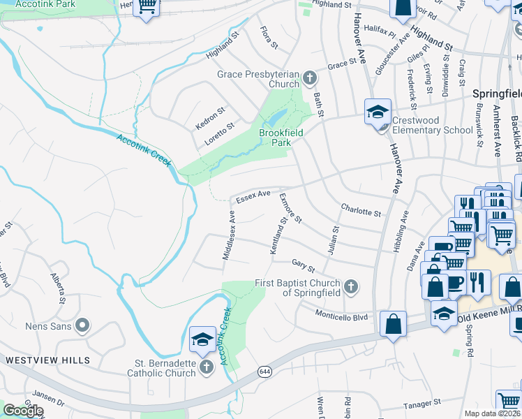 map of restaurants, bars, coffee shops, grocery stores, and more near 7502 Nottoway Place in Springfield
