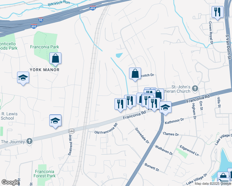 map of restaurants, bars, coffee shops, grocery stores, and more near 6103 Bitternut Drive in Alexandria