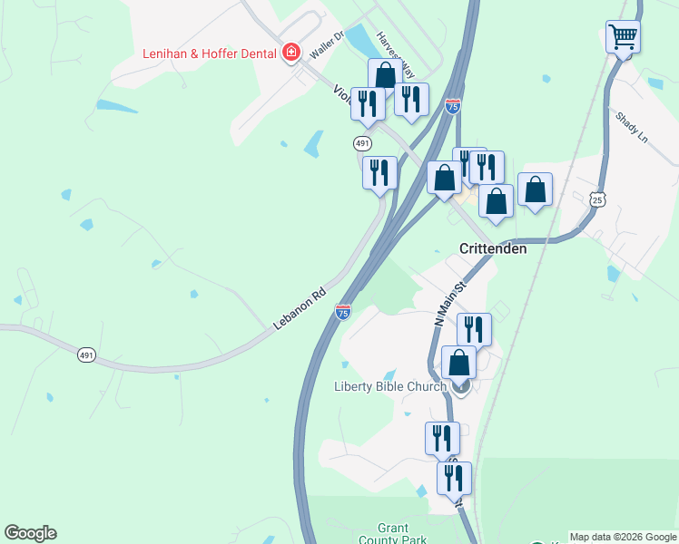 map of restaurants, bars, coffee shops, grocery stores, and more near 725 Lebanon Road in Crittenden