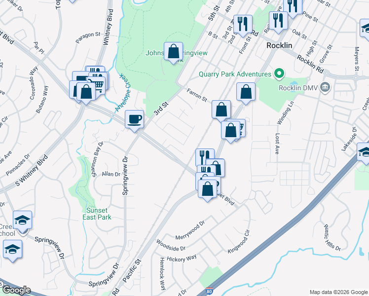 map of restaurants, bars, coffee shops, grocery stores, and more near 3544 Willard Way in Rocklin