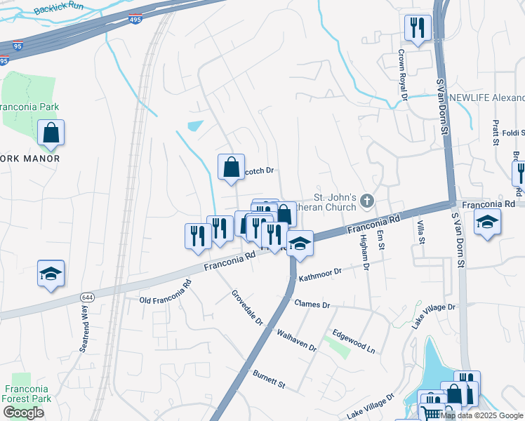 map of restaurants, bars, coffee shops, grocery stores, and more near 6190 Little Valley Way in Alexandria