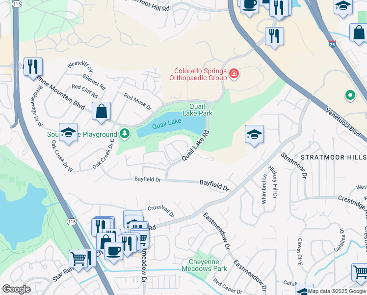 map of restaurants, bars, coffee shops, grocery stores, and more near 3324 Quail Lake Road in Colorado Springs
