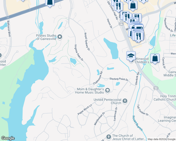 map of restaurants, bars, coffee shops, grocery stores, and more near 7880 Virginia Oaks Drive in Gainesville