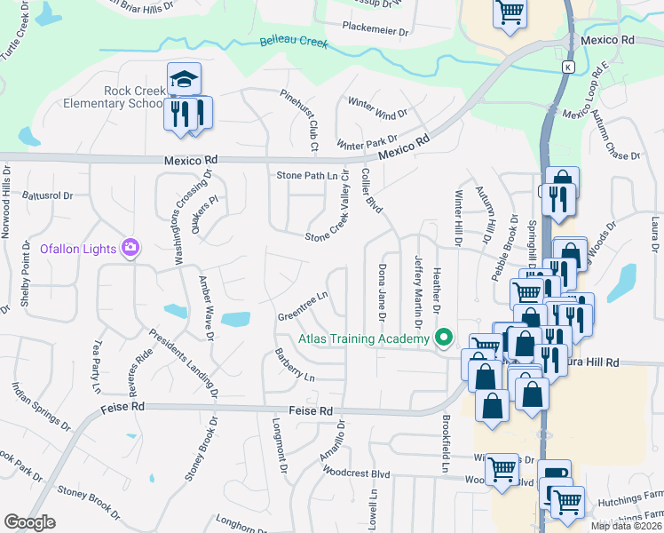 map of restaurants, bars, coffee shops, grocery stores, and more near 47 Hickory Lane in O'Fallon