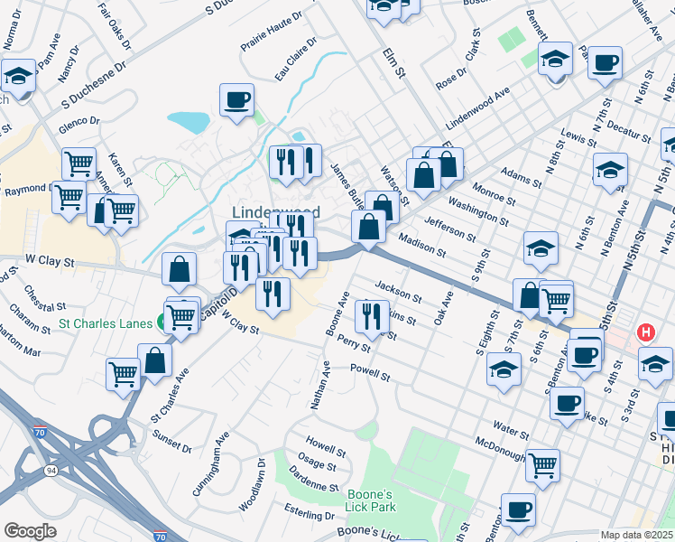 map of restaurants, bars, coffee shops, grocery stores, and more near 1800 1st Capitol Drive in Saint Charles