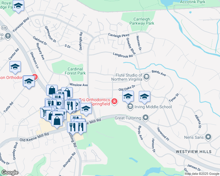 map of restaurants, bars, coffee shops, grocery stores, and more near 8200 Old Oaks Drive in West Springfield
