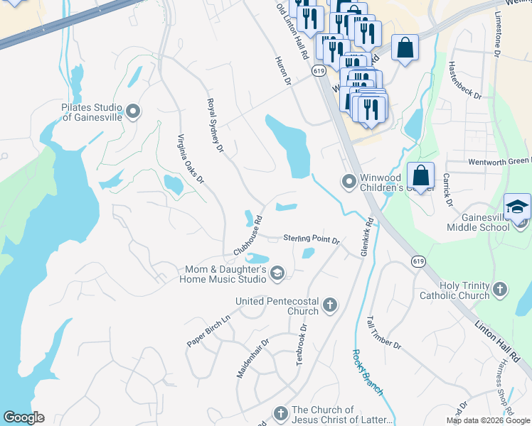 map of restaurants, bars, coffee shops, grocery stores, and more near 14167 Clubhouse Road in Gainesville