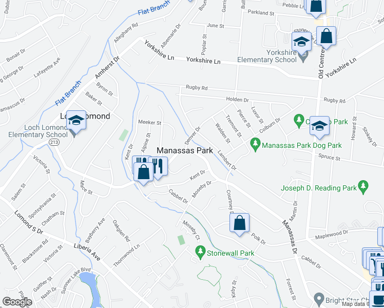 map of restaurants, bars, coffee shops, grocery stores, and more near 285 Manassas Drive in Manassas Park