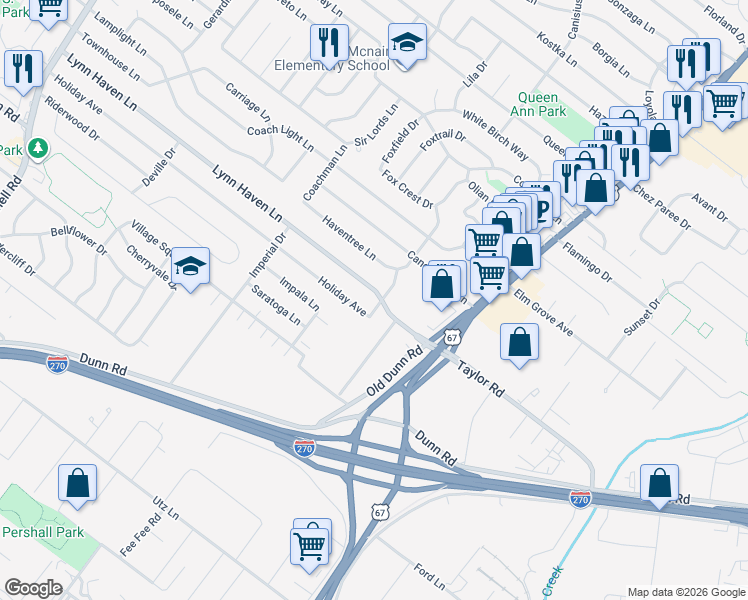 map of restaurants, bars, coffee shops, grocery stores, and more near 502 Lynn Haven Lane in Hazelwood