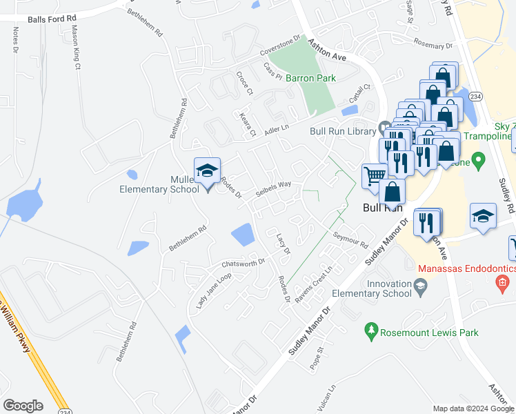 map of restaurants, bars, coffee shops, grocery stores, and more near 11052 Sentry Ridge Road in Manassas