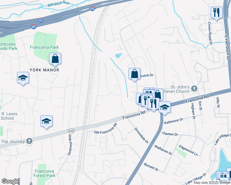 map of restaurants, bars, coffee shops, grocery stores, and more near 6103 Bitternut Drive in Alexandria