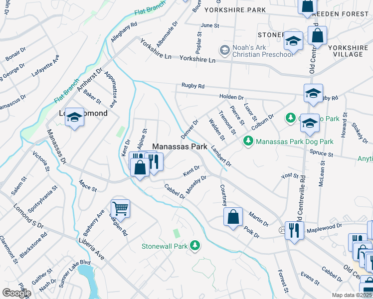 map of restaurants, bars, coffee shops, grocery stores, and more near 285 Manassas Drive in Manassas Park
